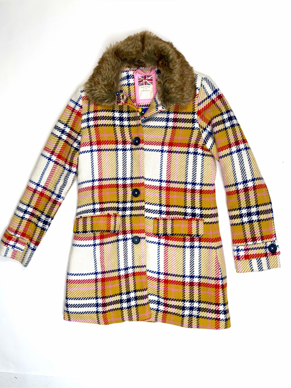 Mini Boden Girls 11-12 Y Plaid Tweed Dress Pea Coat Removable Fur Trim